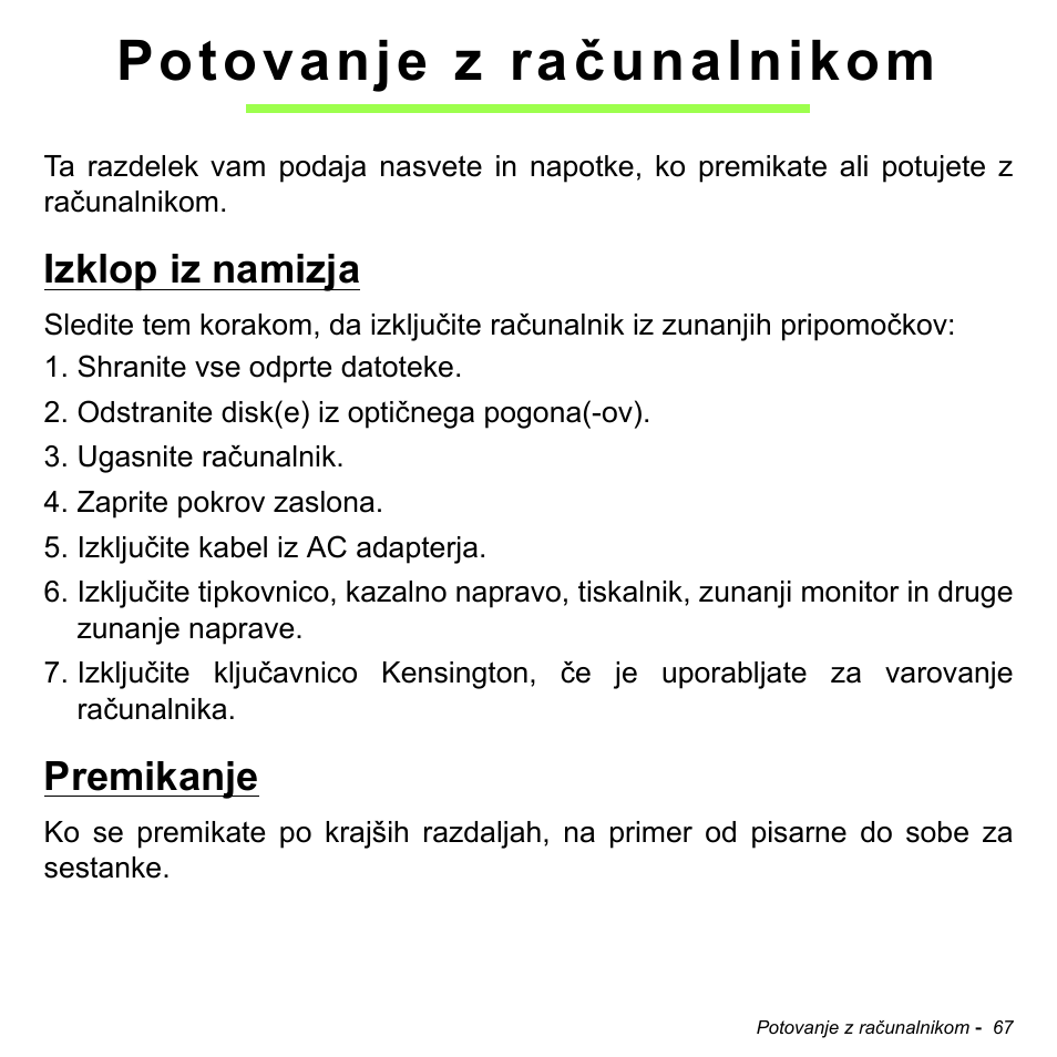 Potovanje z računalnikom, Izklop iz namizja, Premikanje | Acer Aspire M3-581TG User Manual | Page 1961 / 3478