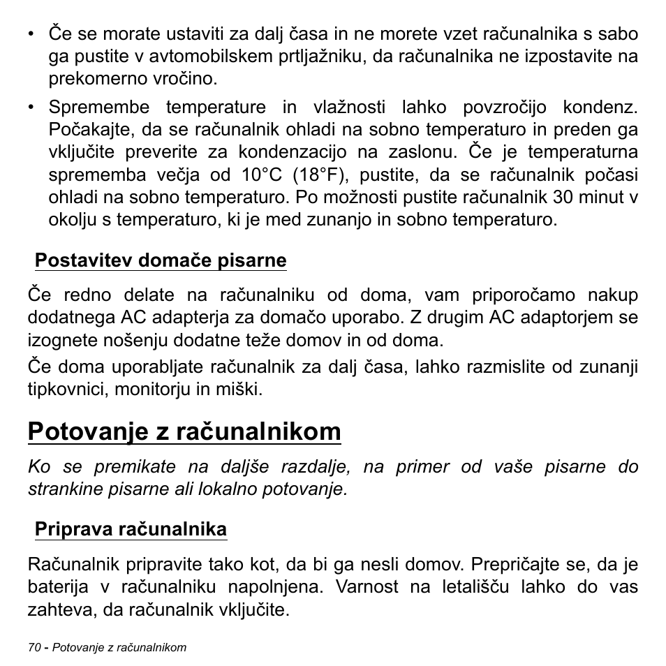 Postavitev domače pisarne, Potovanje z računalnikom, Priprava računalnika | Acer Aspire M3-581TG User Manual | Page 1964 / 3478