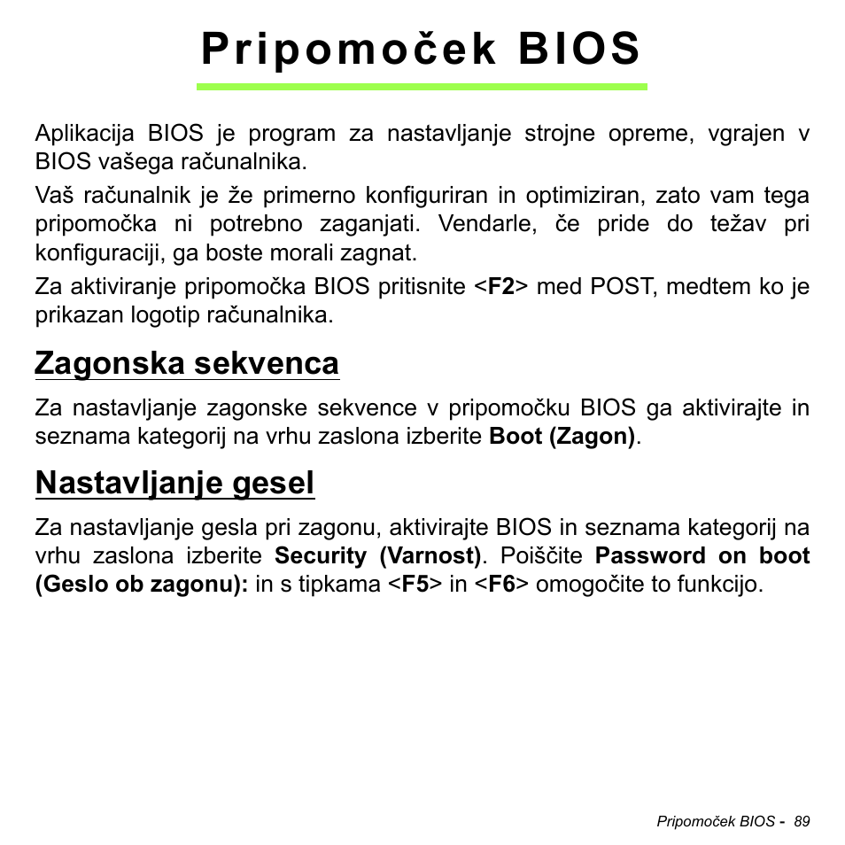 Pripomoček bios, Zagonska sekvenca, Nastavljanje gesel | Zagonska sekvenca nastavljanje gesel | Acer Aspire M3-581TG User Manual | Page 1983 / 3478