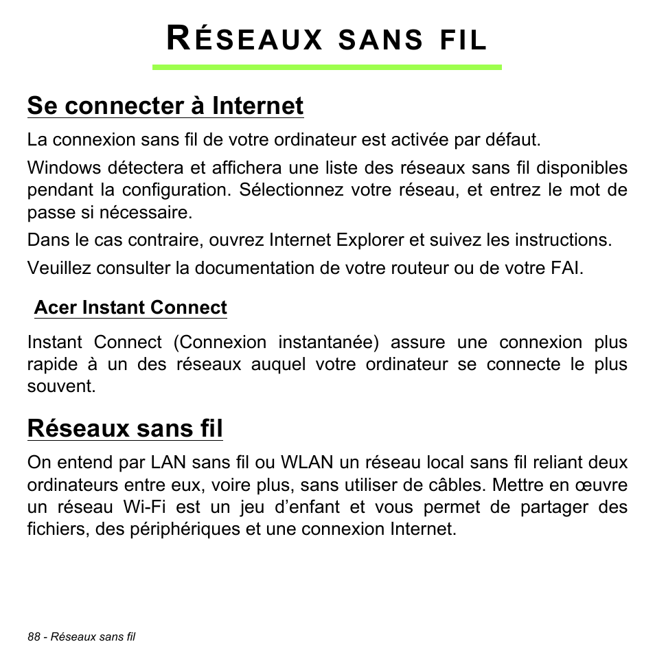 Réseaux sans fil, Se connecter à internet, Acer instant connect | Éseaux, Sans | Acer Aspire M3-581TG User Manual | Page 200 / 3478
