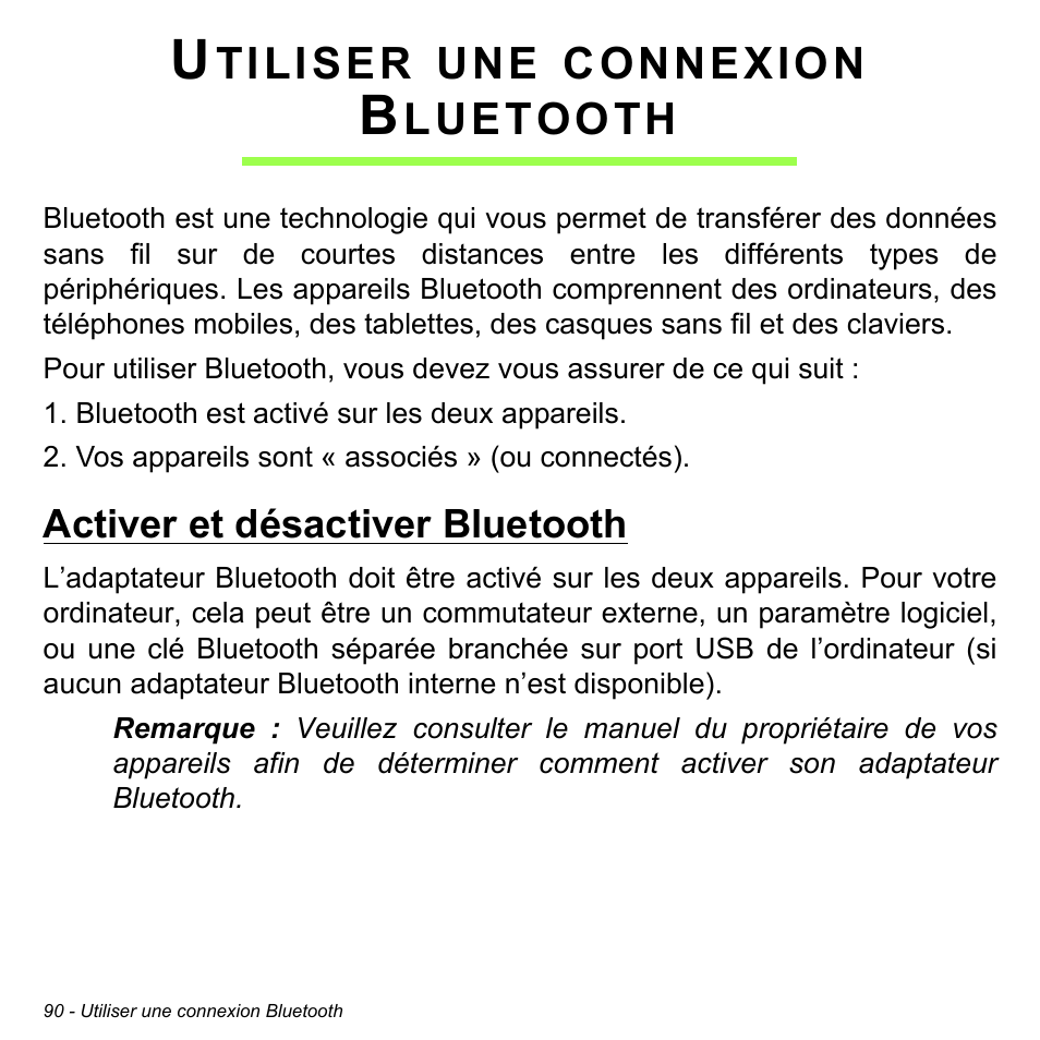 Utiliser une connexion bluetooth, Activer et désactiver bluetooth | Acer Aspire M3-581TG User Manual | Page 202 / 3478