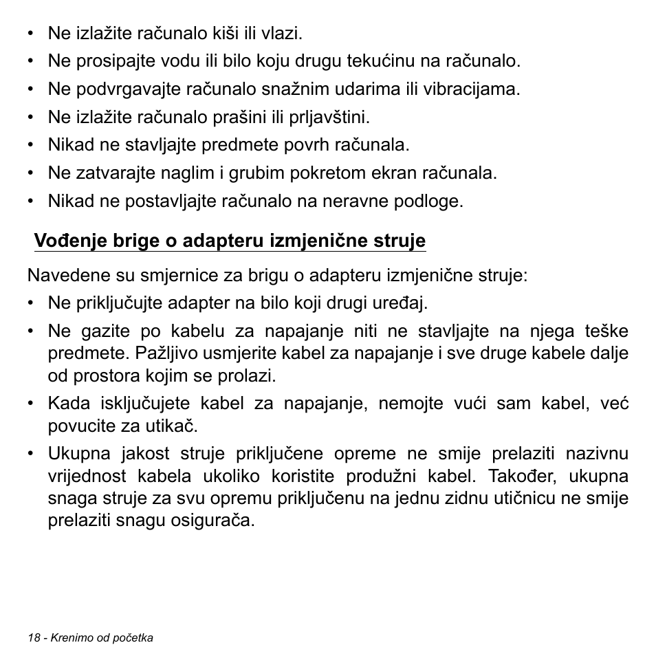 Vođenje brige o adapteru izmjenične struje | Acer Aspire M3-581TG User Manual | Page 2022 / 3478