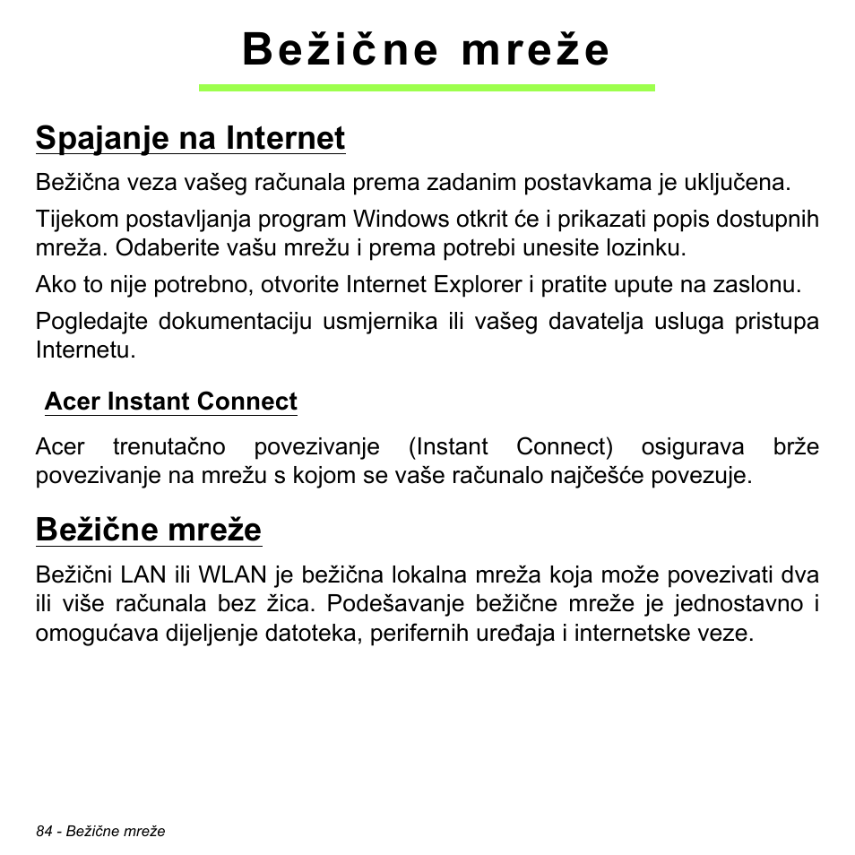 Bežične mreže, Spajanje na internet, Acer instant connect | Acer Aspire M3-581TG User Manual | Page 2088 / 3478