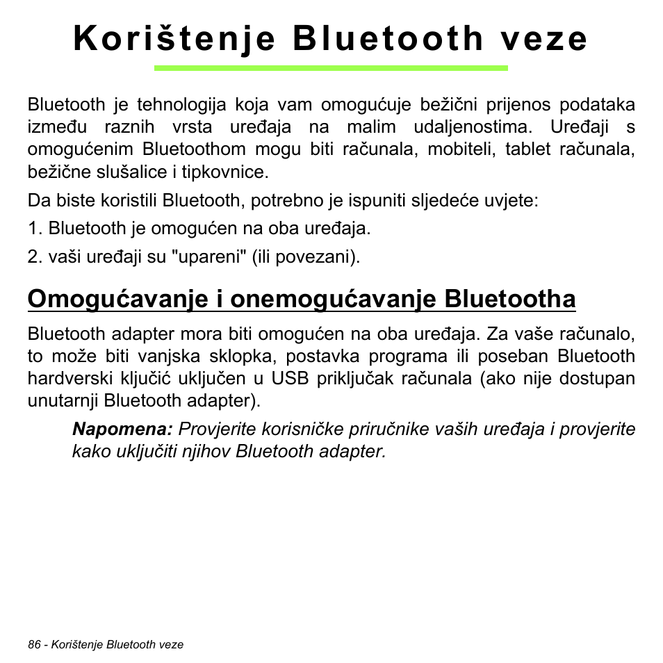 Korištenje bluetooth veze, Omogućavanje i onemogućavanje bluetootha, Omogućavanje i onemogućavanje | Bluetootha | Acer Aspire M3-581TG User Manual | Page 2090 / 3478