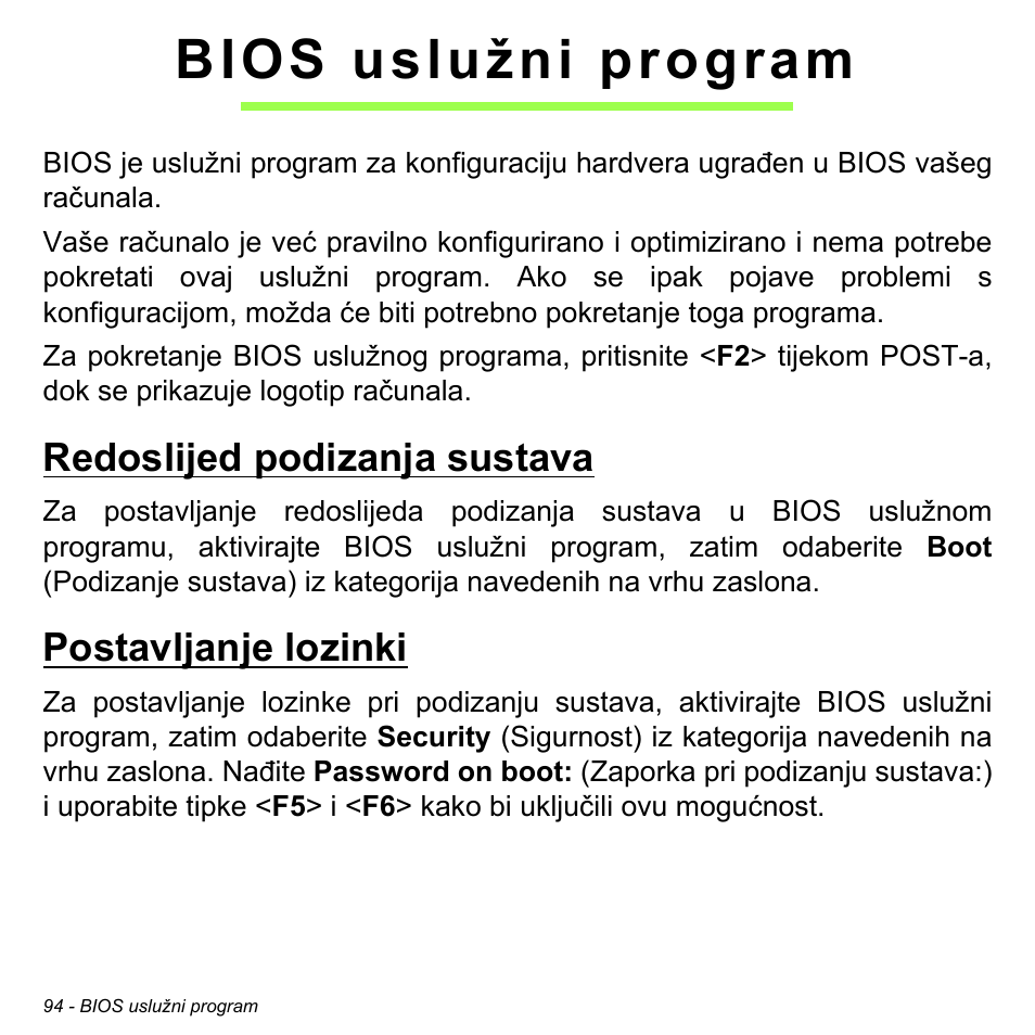 Bios uslužni program, Redoslijed podizanja sustava, Postavljanje lozinki | Redoslijed podizanja sustava postavljanje lozinki | Acer Aspire M3-581TG User Manual | Page 2098 / 3478