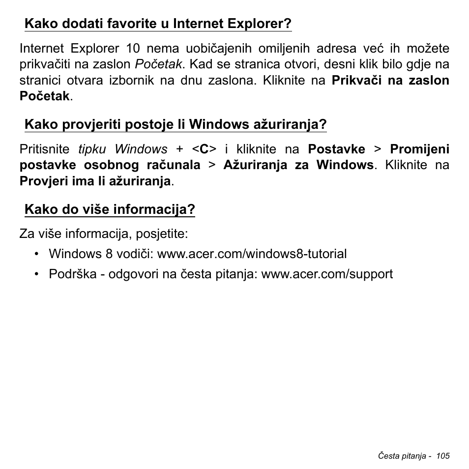 Kako dodati favorite u internet explorer, Kako provjeriti postoje li windows ažuriranja, Kako do više informacija | Acer Aspire M3-581TG User Manual | Page 2109 / 3478