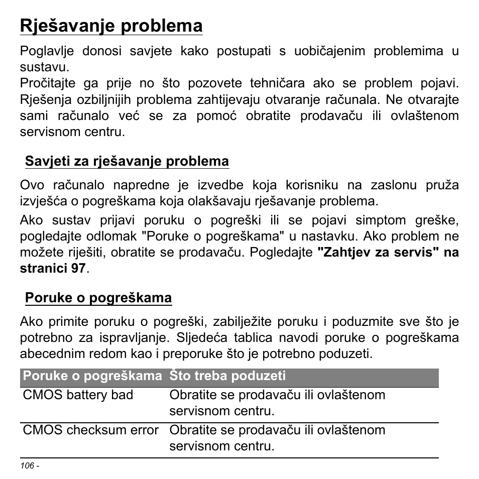 Rješavanje problema, Savjeti za rješavanje problema, Poruke o pogreškama | Savjeti za rješavanje problema poruke o pogreškama | Acer Aspire M3-581TG User Manual | Page 2110 / 3478