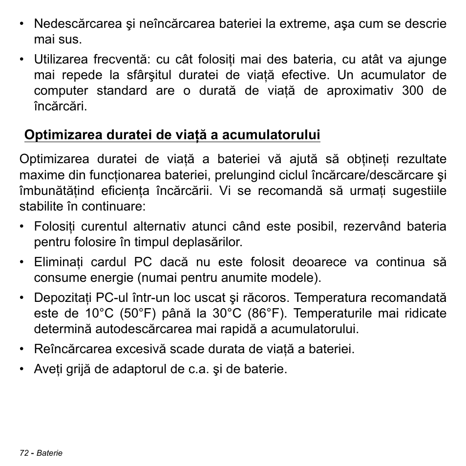 Optimizarea duratei de viaţă a acumulatorului | Acer Aspire M3-581TG User Manual | Page 2192 / 3478