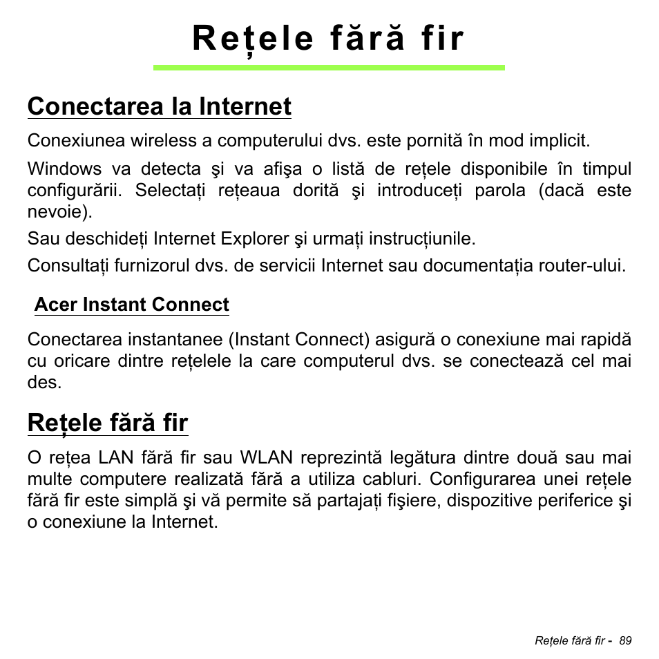 Reţele fără fir, Conectarea la internet, Acer instant connect | Acer Aspire M3-581TG User Manual | Page 2209 / 3478