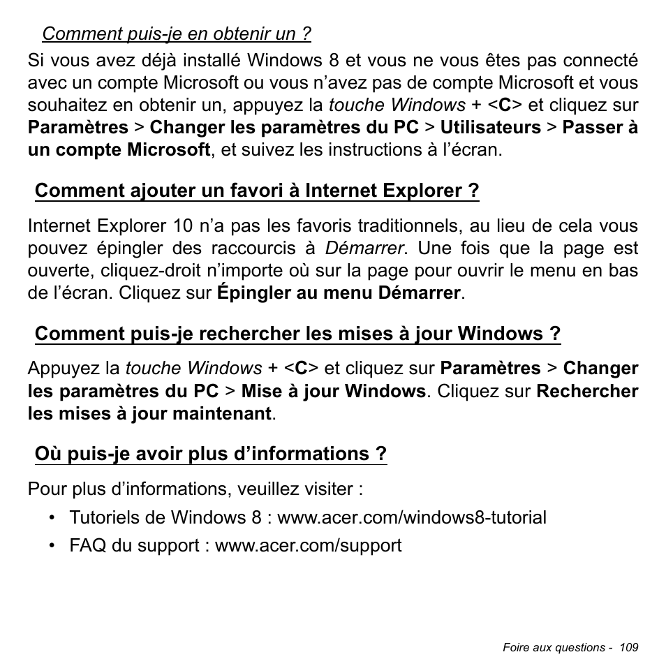 Comment ajouter un favori à internet explorer, Où puis-je avoir plus d’informations | Acer Aspire M3-581TG User Manual | Page 221 / 3478