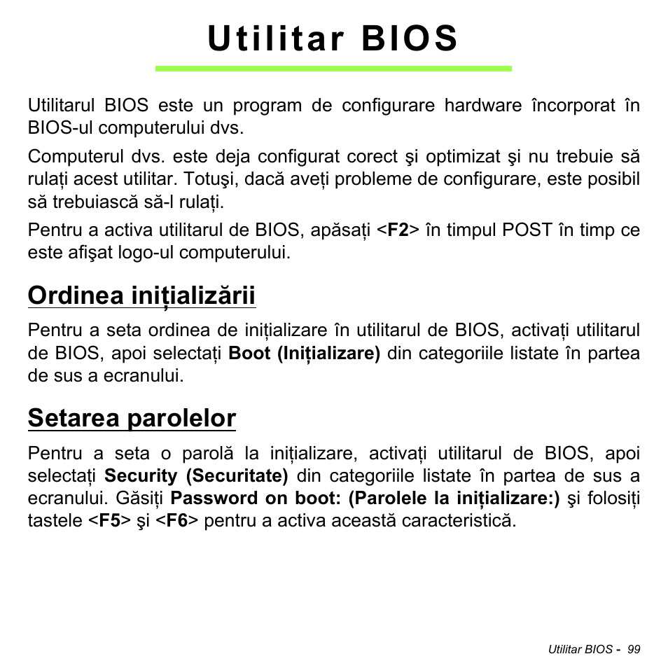 Utilitar bios, Ordinea iniţializării, Setarea parolelor | Ordinea iniţializării setarea parolelor | Acer Aspire M3-581TG User Manual | Page 2219 / 3478