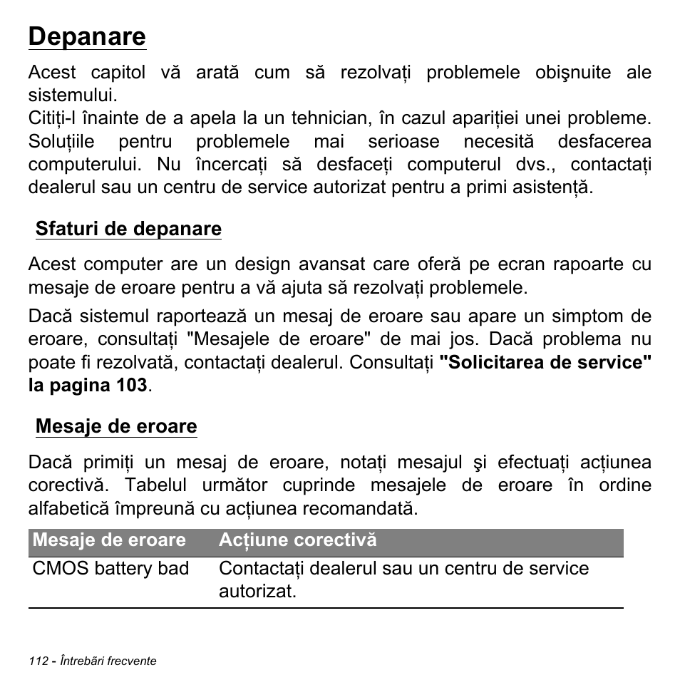 Depanare, Sfaturi de depanare, Mesaje de eroare | Sfaturi de depanare mesaje de eroare | Acer Aspire M3-581TG User Manual | Page 2232 / 3478