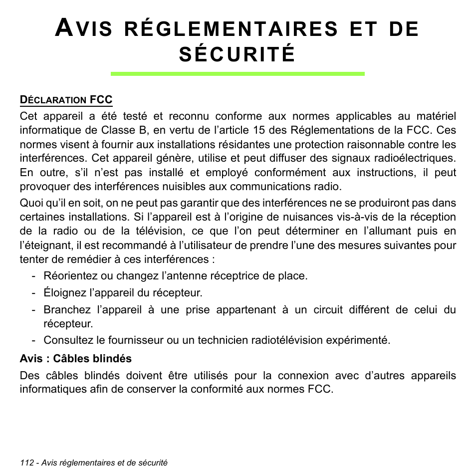 Avis réglementaires et de sécurité, Avis réglementaires et de sécurité 112, Réglementaires | Sécurité | Acer Aspire M3-581TG User Manual | Page 224 / 3478