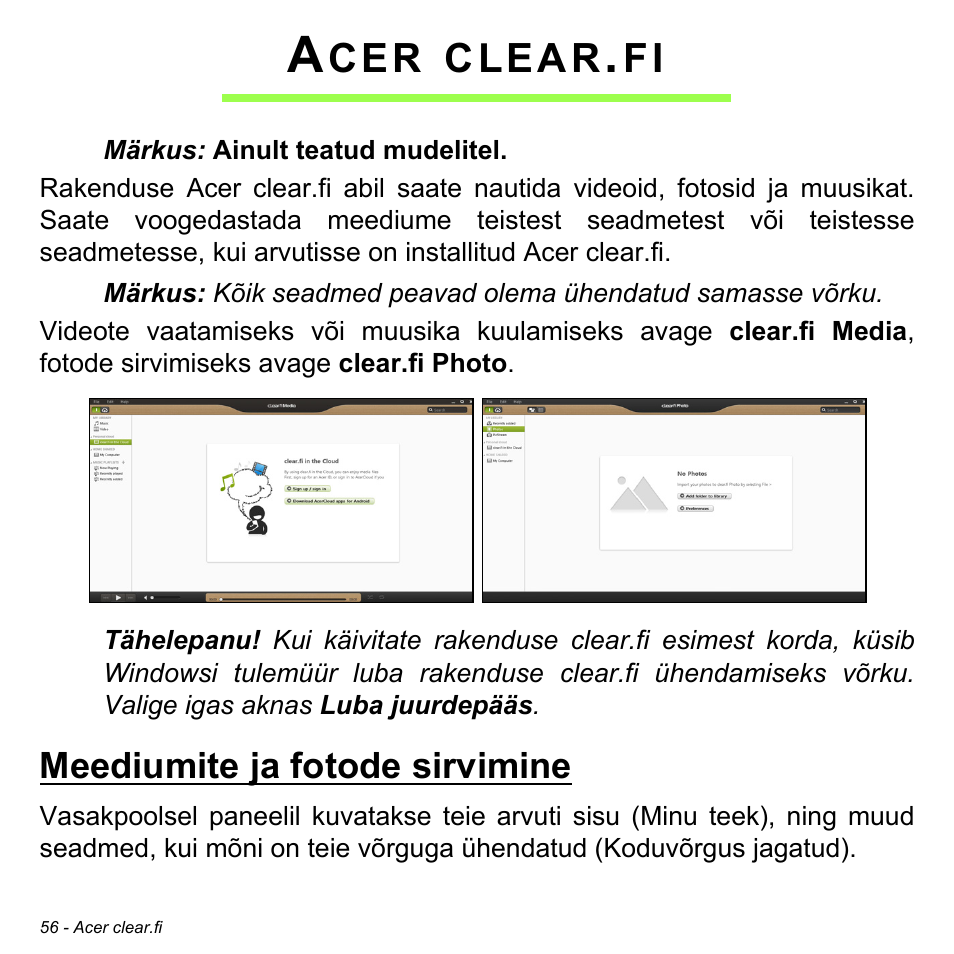 Acer clear.fi, Meediumite ja fotode sirvimine, Clear | Acer Aspire M3-581TG User Manual | Page 2424 / 3478