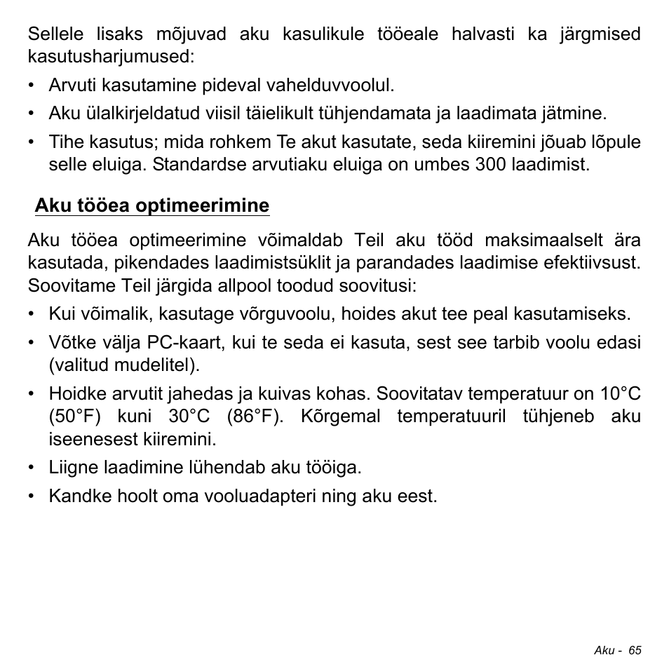 Aku tööea optimeerimine | Acer Aspire M3-581TG User Manual | Page 2433 / 3478