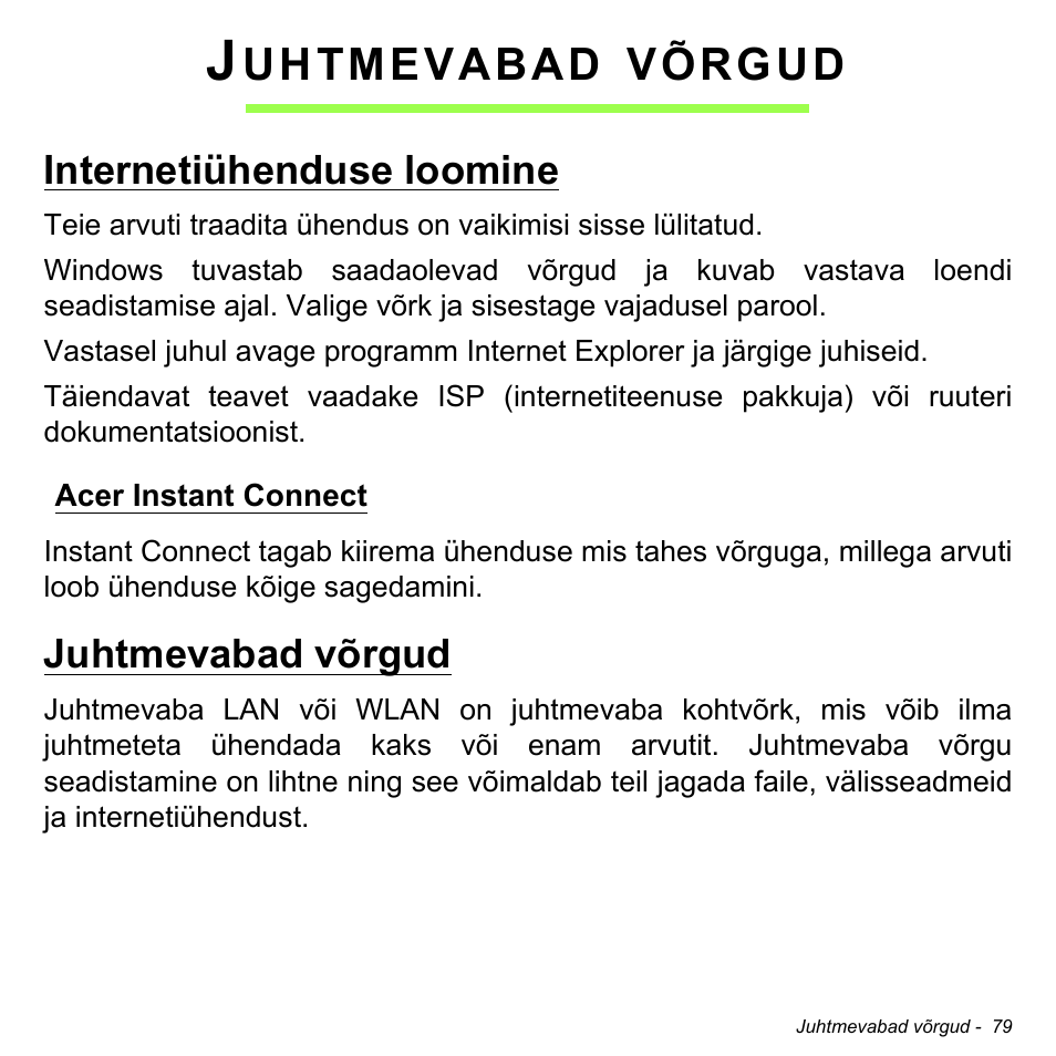 Juhtmevabad võrgud, Internetiühenduse loomine, Acer instant connect | Uhtmevabad, Võrgud | Acer Aspire M3-581TG User Manual | Page 2447 / 3478