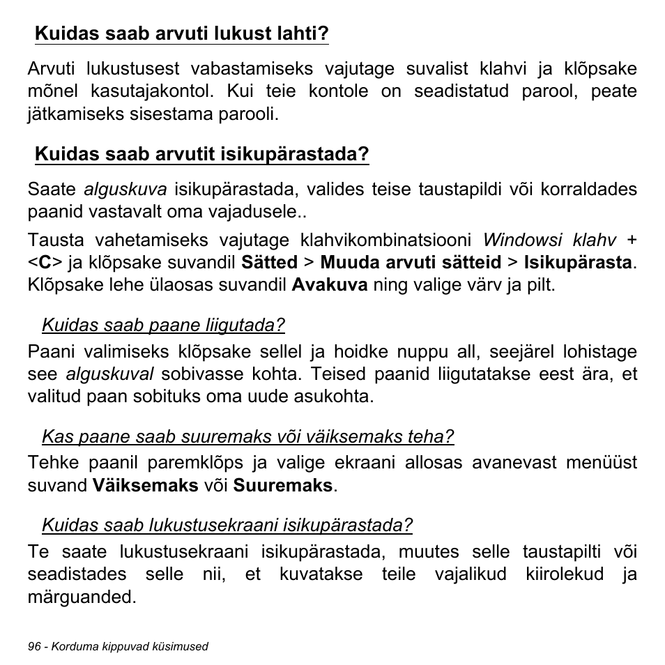 Kuidas saab arvuti lukust lahti, Kuidas saab arvutit isikupärastada | Acer Aspire M3-581TG User Manual | Page 2464 / 3478