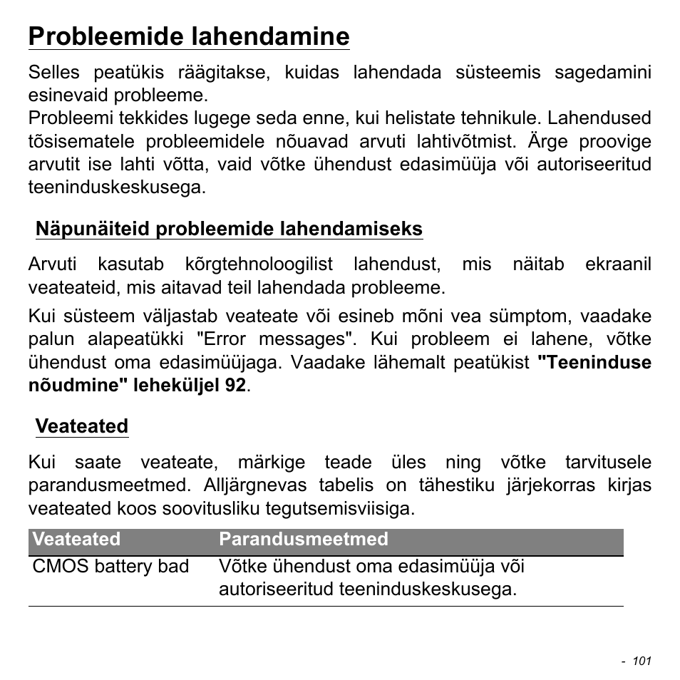 Probleemide lahendamine, Näpunäiteid probleemide lahendamiseks, Veateated | Näpunäiteid probleemide, Lahendamiseks veateated | Acer Aspire M3-581TG User Manual | Page 2469 / 3478