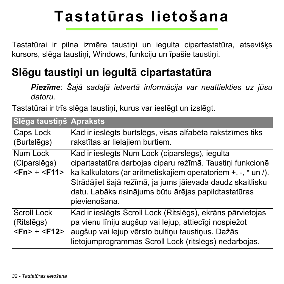 Tastatūras lietošana, Slēgu taustiņi un iegultā cipartastatūra | Acer Aspire M3-581TG User Manual | Page 2510 / 3478