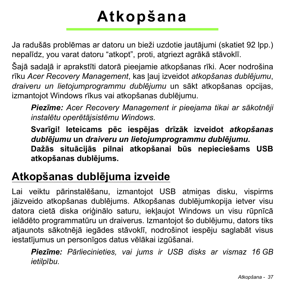 Atkopšana, Atkopšanas dublējuma izveide | Acer Aspire M3-581TG User Manual | Page 2515 / 3478