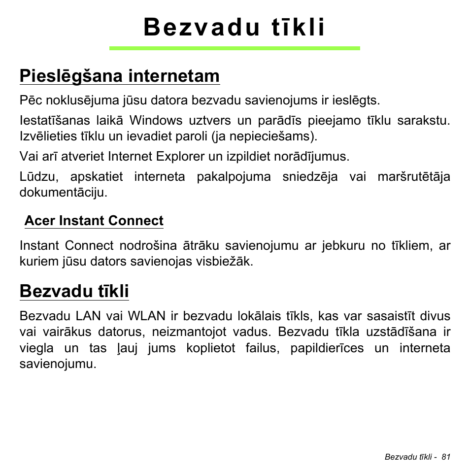 Bezvadu tīkli, Pieslēgšana internetam, Acer instant connect | Acer Aspire M3-581TG User Manual | Page 2559 / 3478