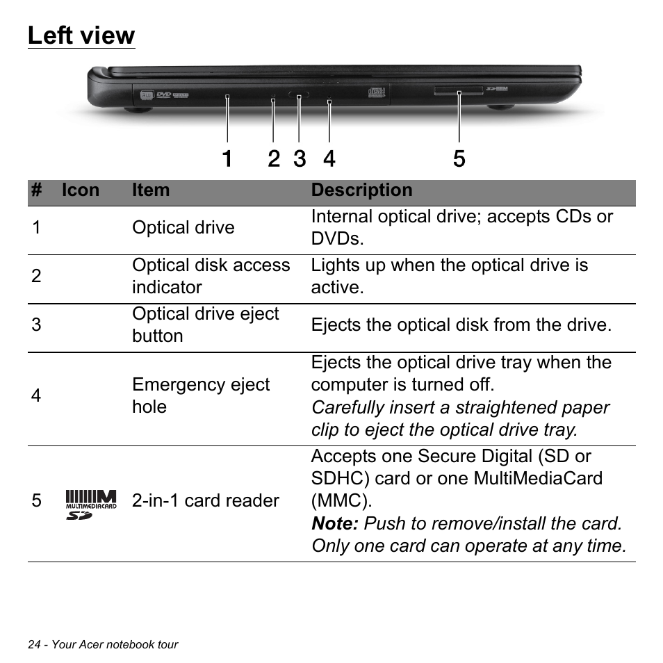 Left view | Acer Aspire M3-581TG User Manual | Page 26 / 3478