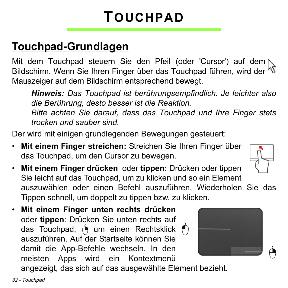 Touchpad, Touchpad-grundlagen, Ouchpad | Acer Aspire M3-581TG User Manual | Page 264 / 3478