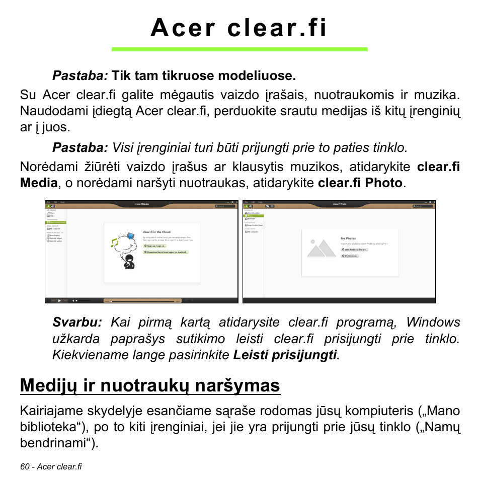 Acer clear.fi, Medijų ir nuotraukų naršymas | Acer Aspire M3-581TG User Manual | Page 2650 / 3478