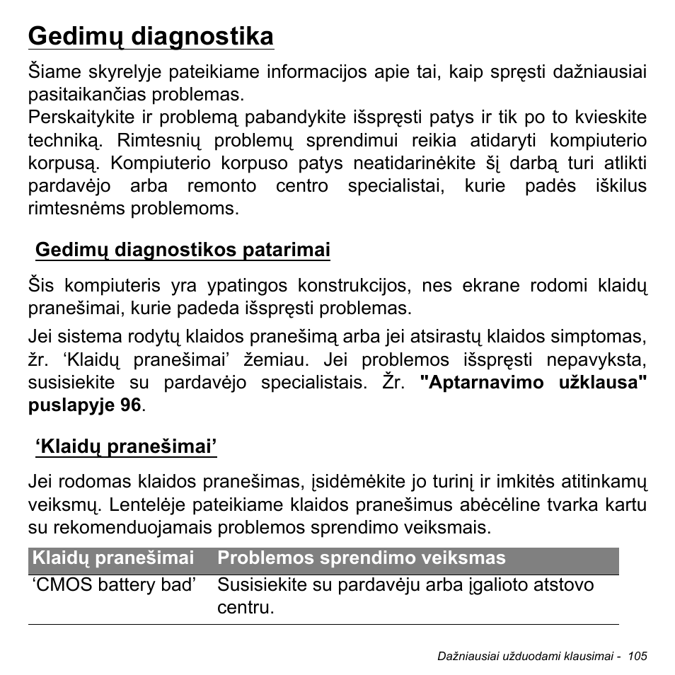 Gedimų diagnostika, Gedimų diagnostikos patarimai, Klaidų pranešimai | Gedimų diagnostikos patarimai ‘klaidų pranešimai | Acer Aspire M3-581TG User Manual | Page 2695 / 3478