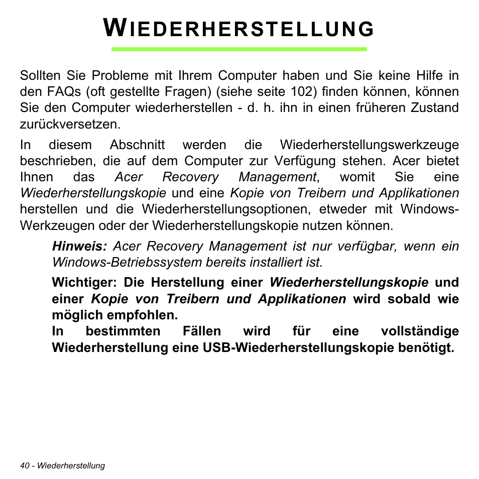 Wiederherstellung, Iederherstellung | Acer Aspire M3-581TG User Manual | Page 272 / 3478