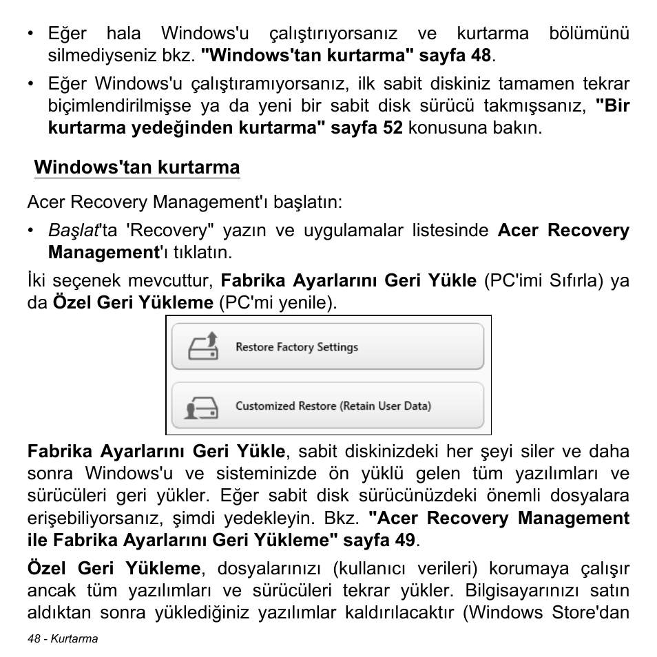 Windows'tan kurtarma | Acer Aspire M3-581TG User Manual | Page 2884 / 3478
