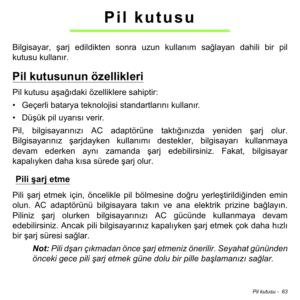Pil kutusu, Pil kutusunun özellikleri, Pili şarj etme | Acer Aspire M3-581TG User Manual | Page 2899 / 3478