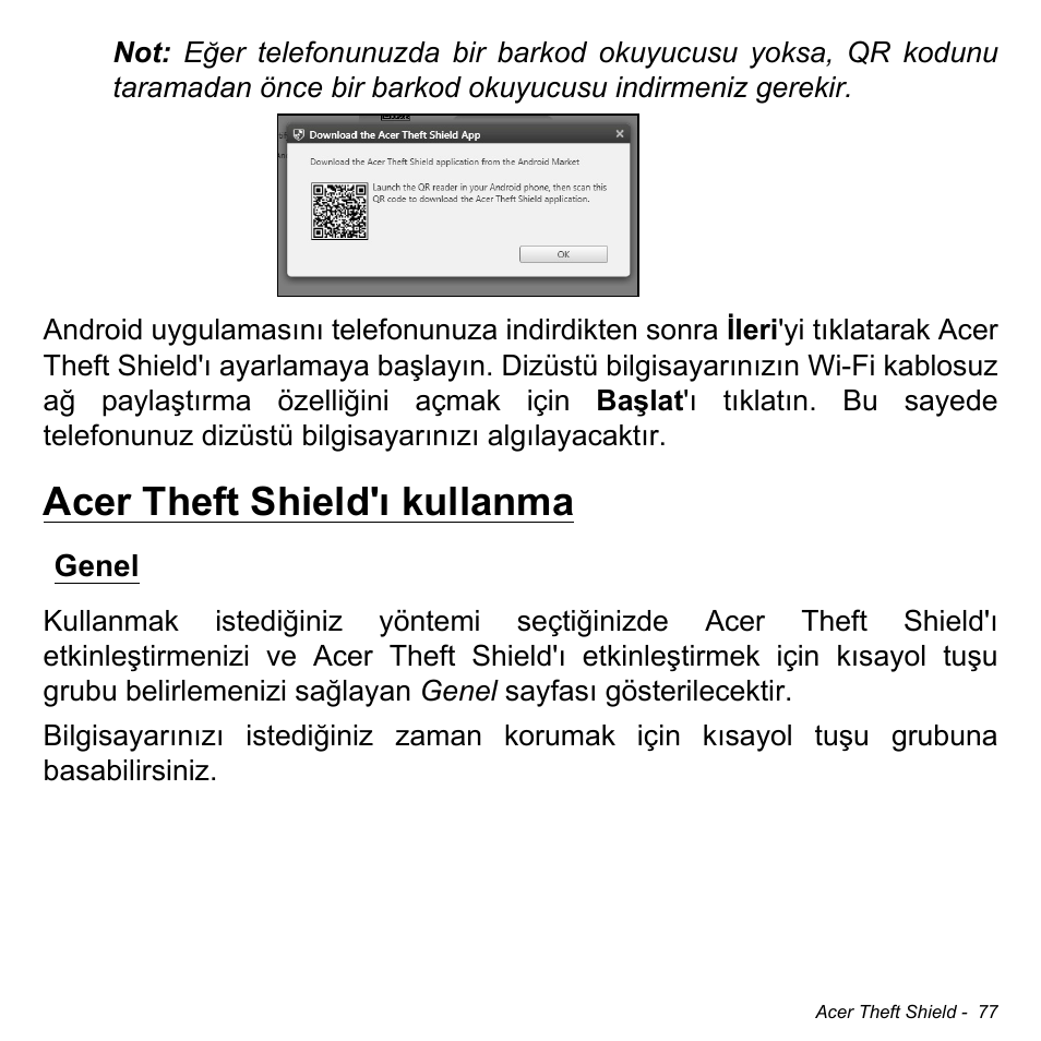 Acer theft shield'ı kullanma, Genel | Acer Aspire M3-581TG User Manual | Page 2913 / 3478