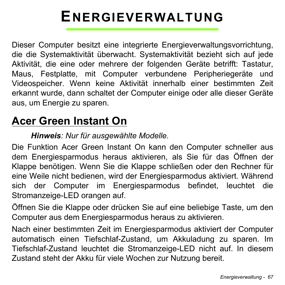 Energieverwaltung, Acer green instant on, Nergieverwaltung | Acer Aspire M3-581TG User Manual | Page 299 / 3478