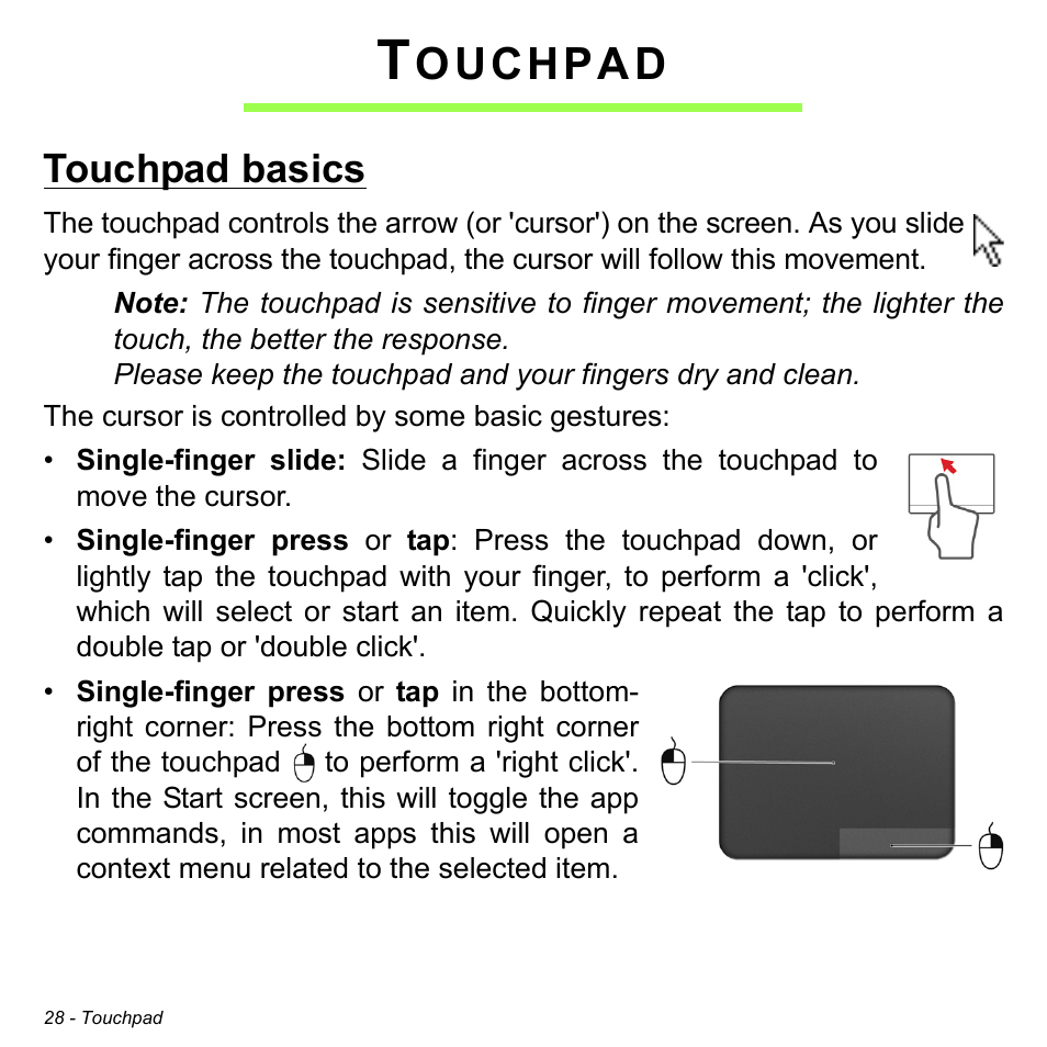 Touchpad, Touchpad basics, Ouchpad | Acer Aspire M3-581TG User Manual | Page 30 / 3478