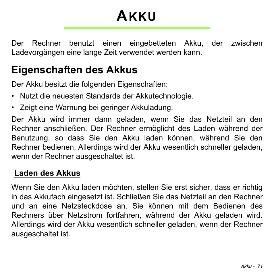 Akku, Eigenschaften des akkus, Laden des akkus | Acer Aspire M3-581TG User Manual | Page 303 / 3478