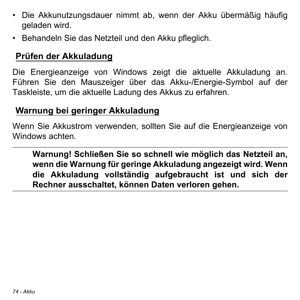 Prüfen der akkuladung, Warnung bei geringer akkuladung | Acer Aspire M3-581TG User Manual | Page 306 / 3478