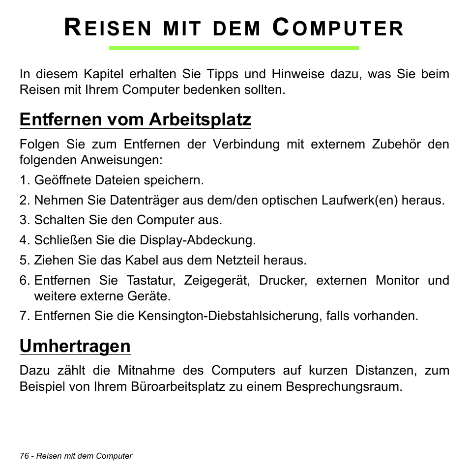 Reisen mit dem computer, Entfernen vom arbeitsplatz, Umhertragen | Entfernen vom arbeitsplatz umhertragen, Eisen, Omputer | Acer Aspire M3-581TG User Manual | Page 308 / 3478