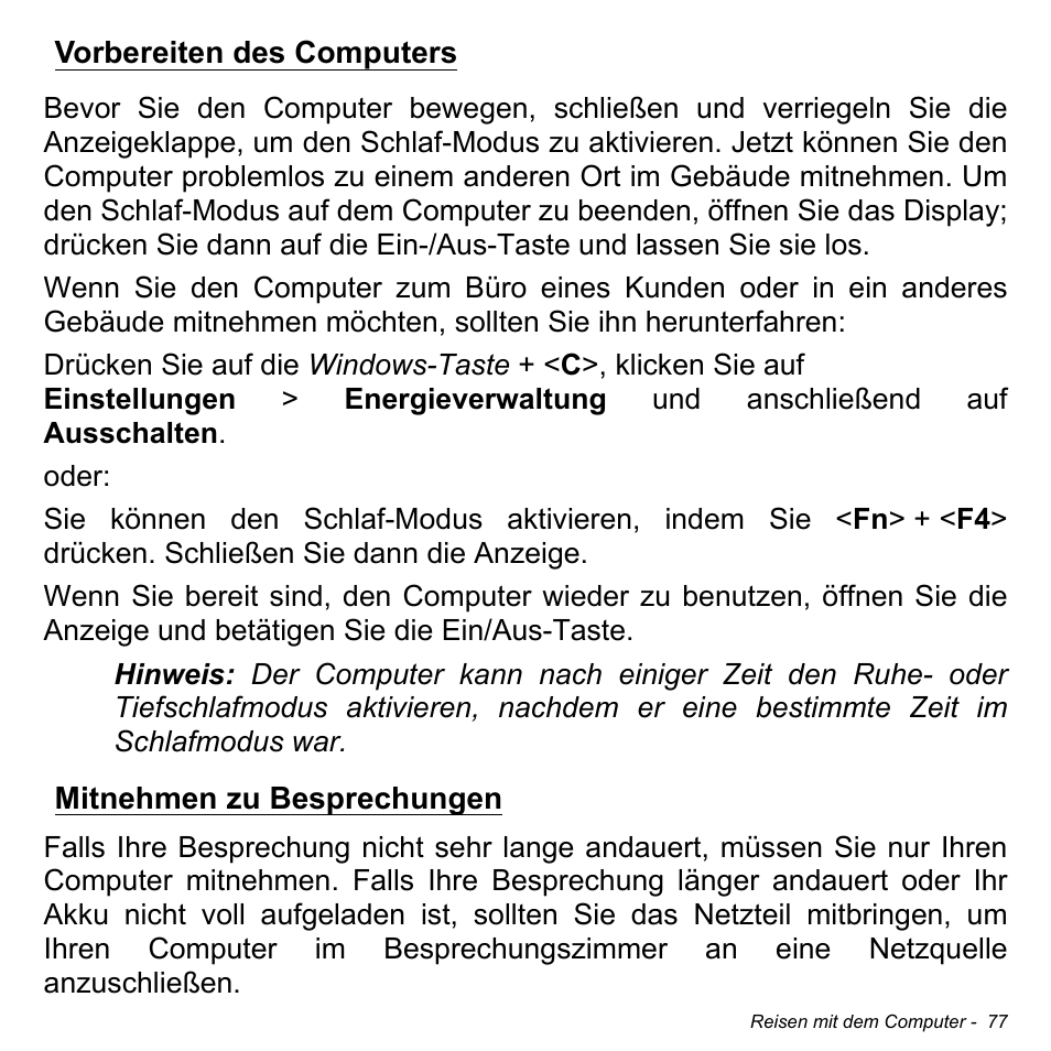 Vorbereiten des computers, Mitnehmen zu besprechungen | Acer Aspire M3-581TG User Manual | Page 309 / 3478