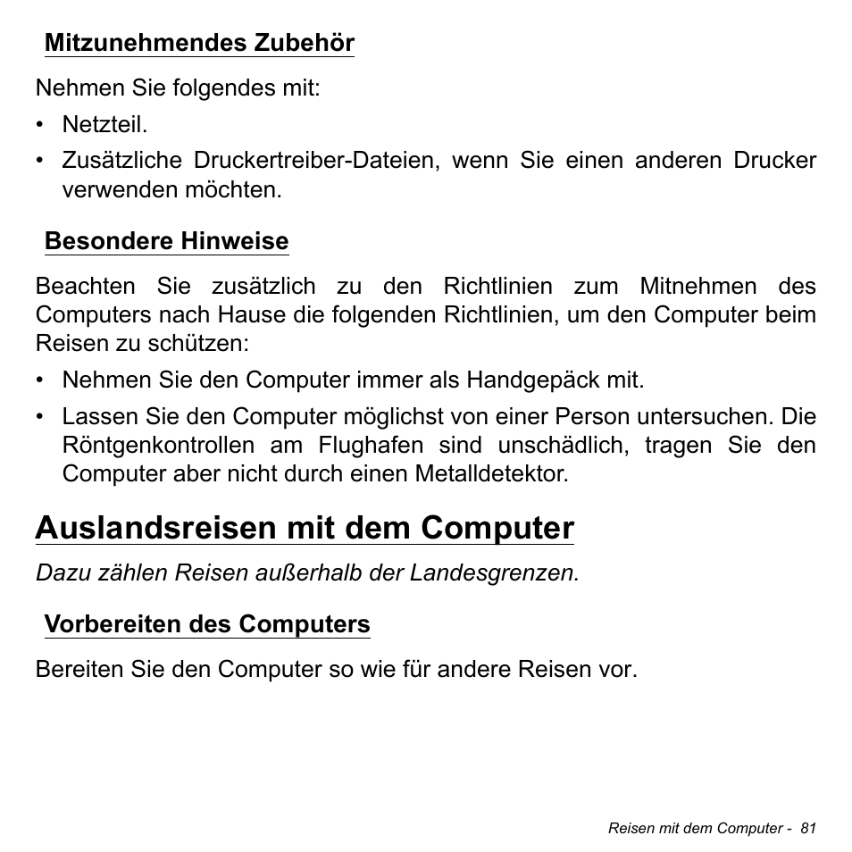 Mitzunehmendes zubehör, Besondere hinweise, Auslandsreisen mit dem computer | Vorbereiten des computers, Mitzunehmendes zubehör besondere hinweise | Acer Aspire M3-581TG User Manual | Page 313 / 3478