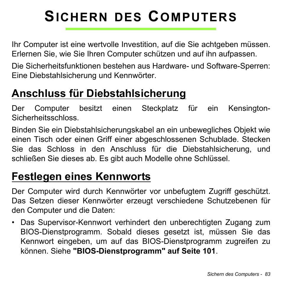 Sichern des computers, Anschluss für diebstahlsicherung, Festlegen eines kennworts | Ichern, Omputers | Acer Aspire M3-581TG User Manual | Page 315 / 3478