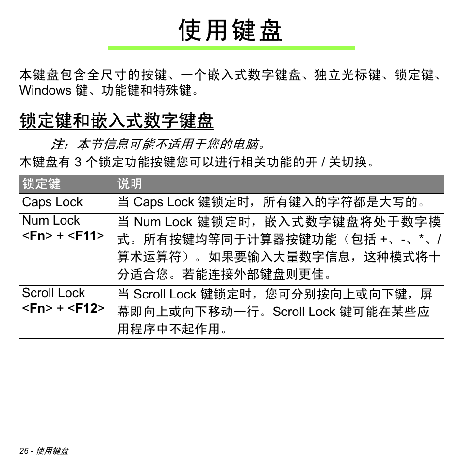 使用键盘, 锁定键和嵌入式数字键盘, 使 用 键 盘 | Acer Aspire M3-581TG User Manual | Page 3178 / 3478