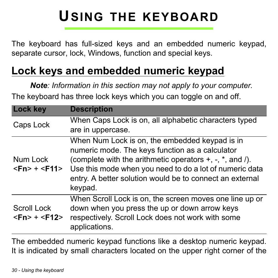 Using the keyboard, Lock keys and embedded numeric keypad, Sing | Keyboard | Acer Aspire M3-581TG User Manual | Page 32 / 3478