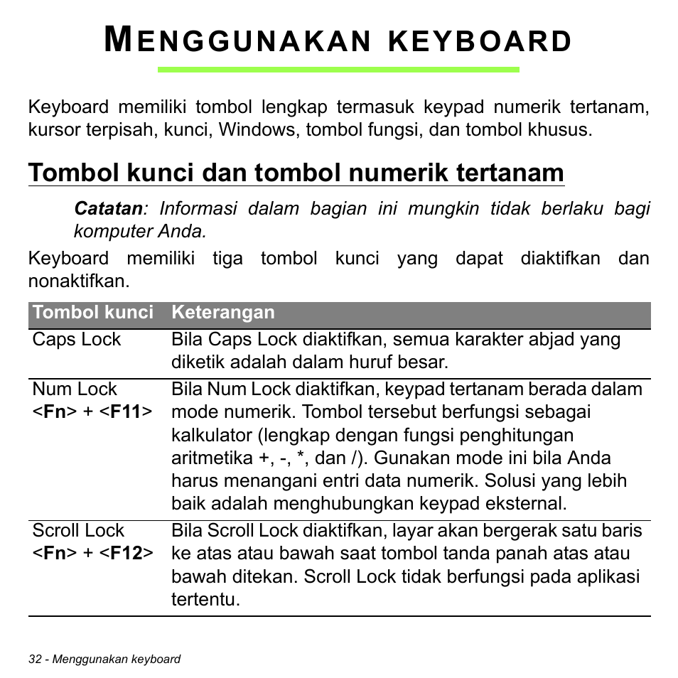 Menggunakan keyboard, Tombol kunci dan tombol numerik tertanam, Enggunakan | Keyboard | Acer Aspire M3-581TG User Manual | Page 3282 / 3478