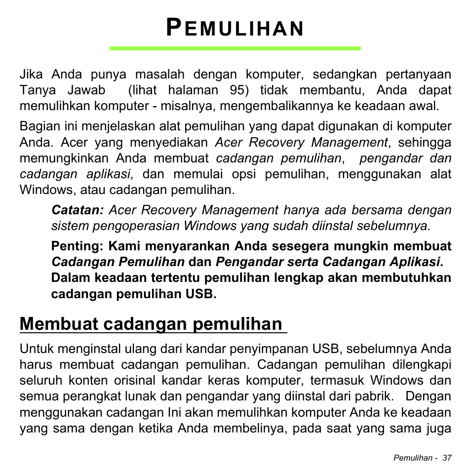 Pemulihan, Membuat cadangan pemulihan, Emulihan | Acer Aspire M3-581TG User Manual | Page 3287 / 3478