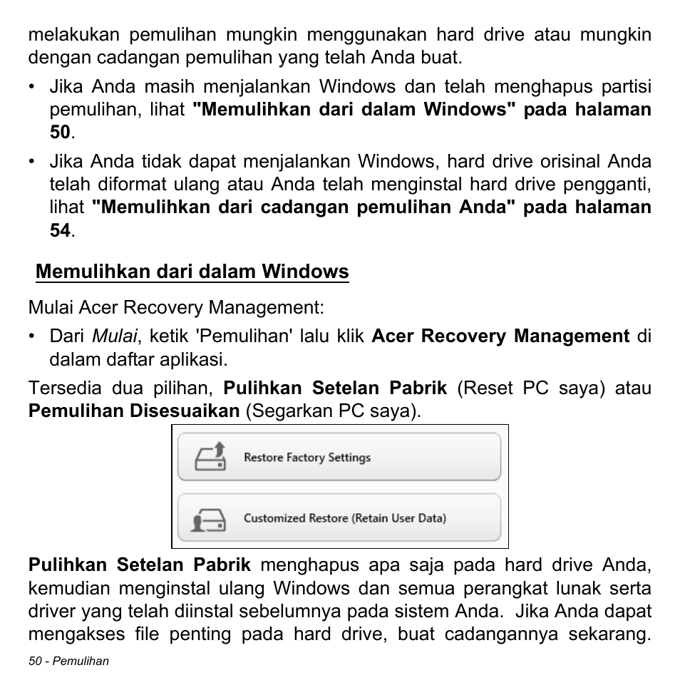 Memulihkan dari dalam windows | Acer Aspire M3-581TG User Manual | Page 3300 / 3478