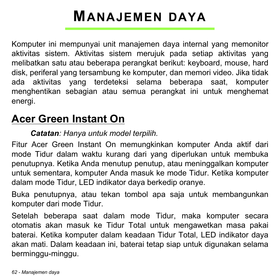 Manajemen daya, Acer green instant on, Anajemen | Daya | Acer Aspire M3-581TG User Manual | Page 3312 / 3478