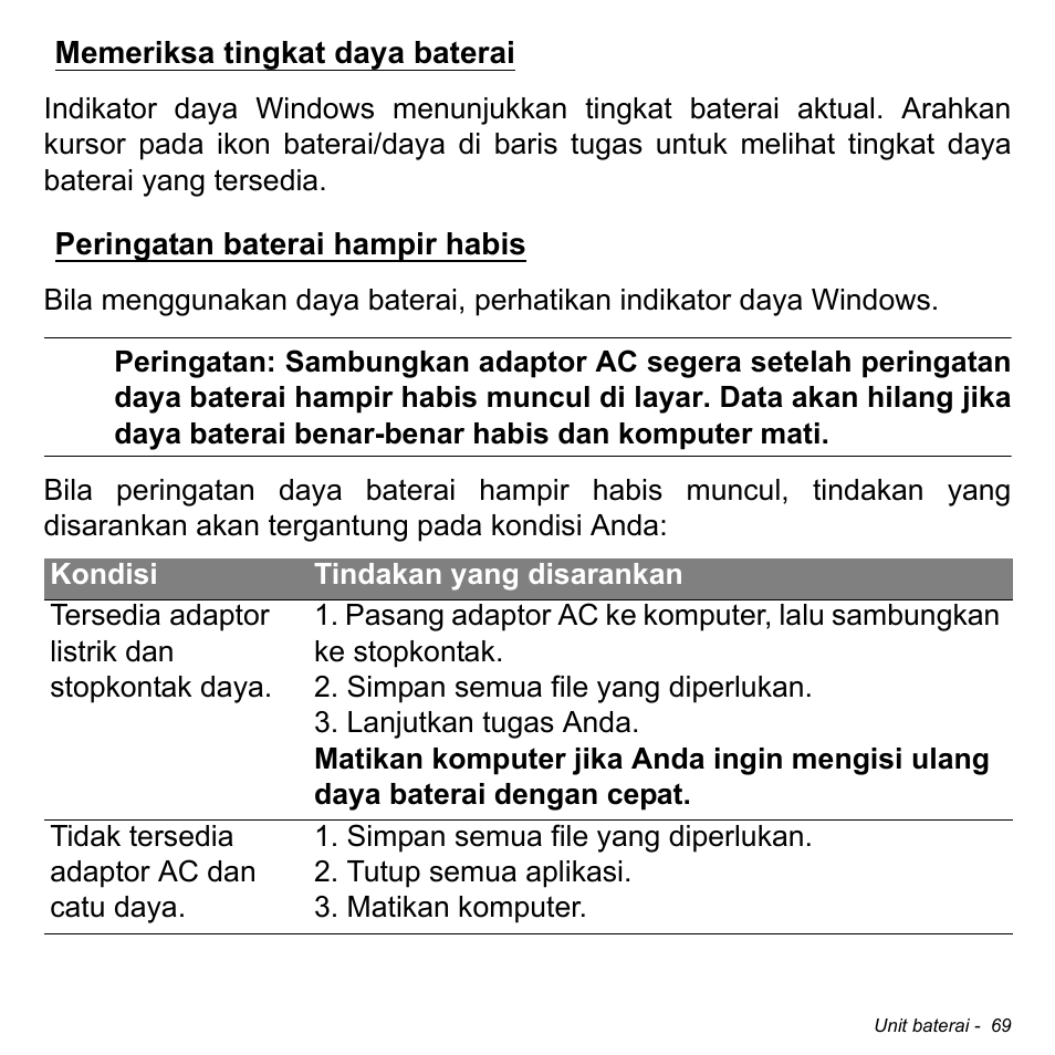 Memeriksa tingkat daya baterai, Peringatan baterai hampir habis | Acer Aspire M3-581TG User Manual | Page 3319 / 3478