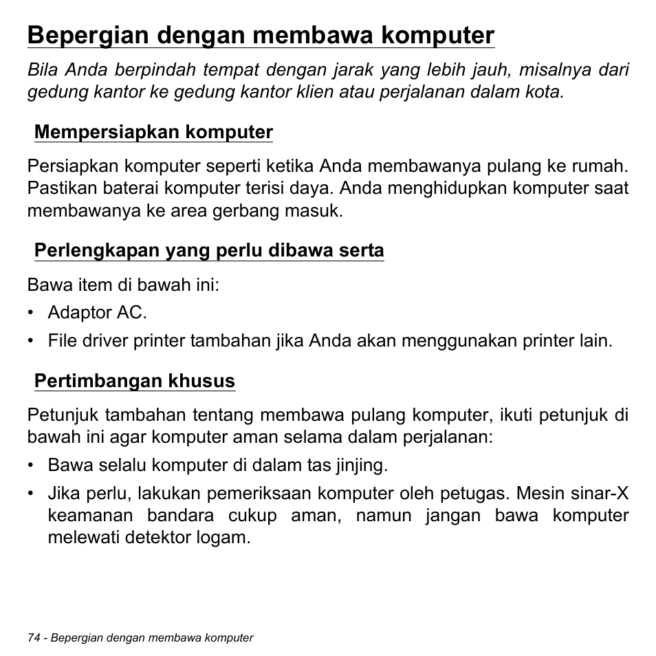 Bepergian dengan membawa komputer, Mempersiapkan komputer, Perlengkapan yang perlu dibawa serta | Pertimbangan khusus | Acer Aspire M3-581TG User Manual | Page 3324 / 3478