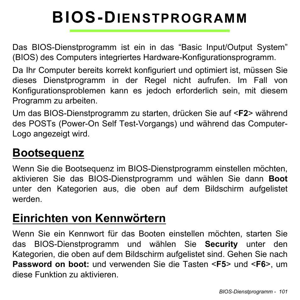 Bios-dienstprogramm, Bootsequenz, Einrichten von kennwörtern | Bios-d, Ienstprogramm | Acer Aspire M3-581TG User Manual | Page 333 / 3478